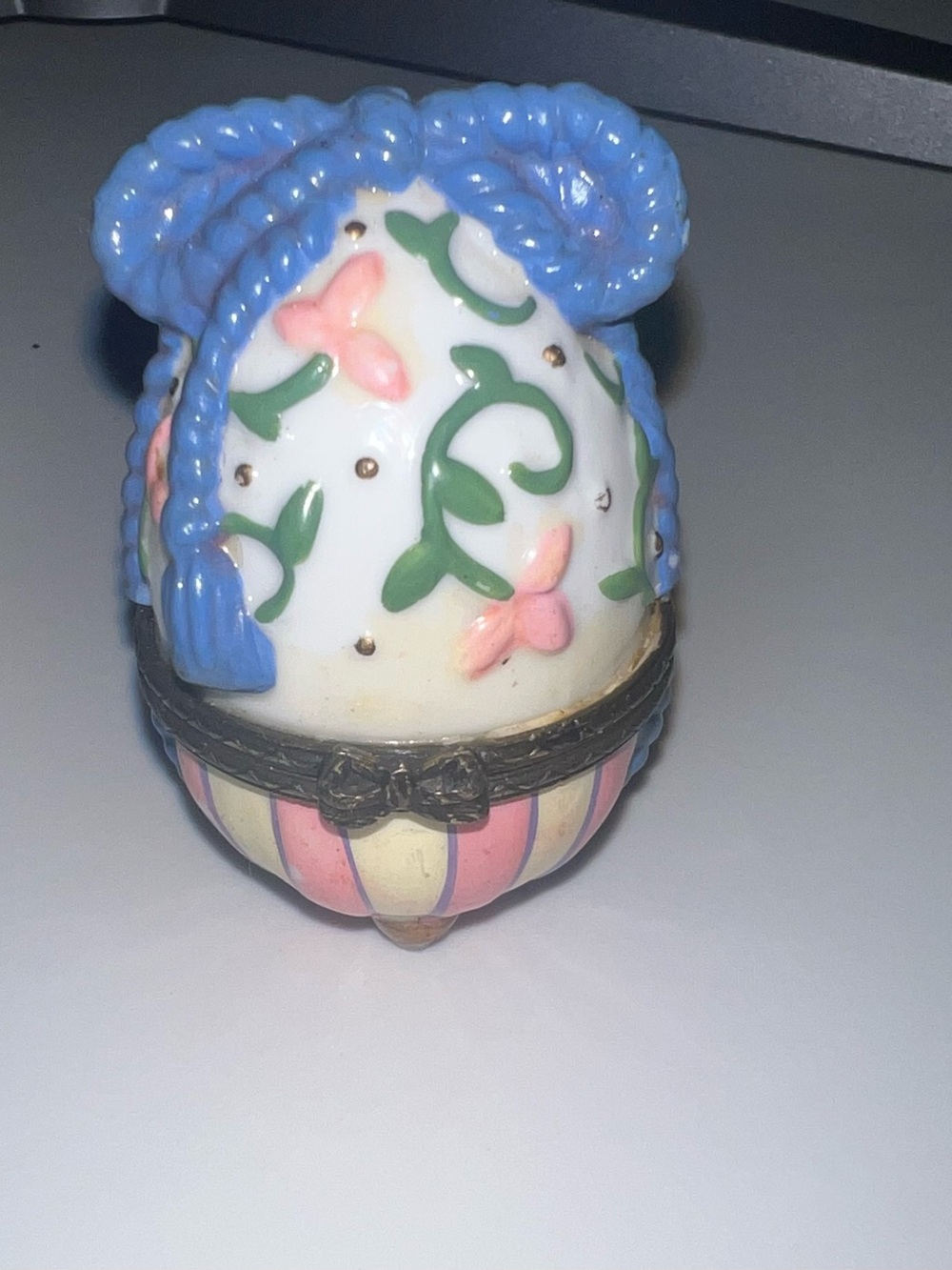 Vintage Blue and Pink Floral Egg Trinket Box